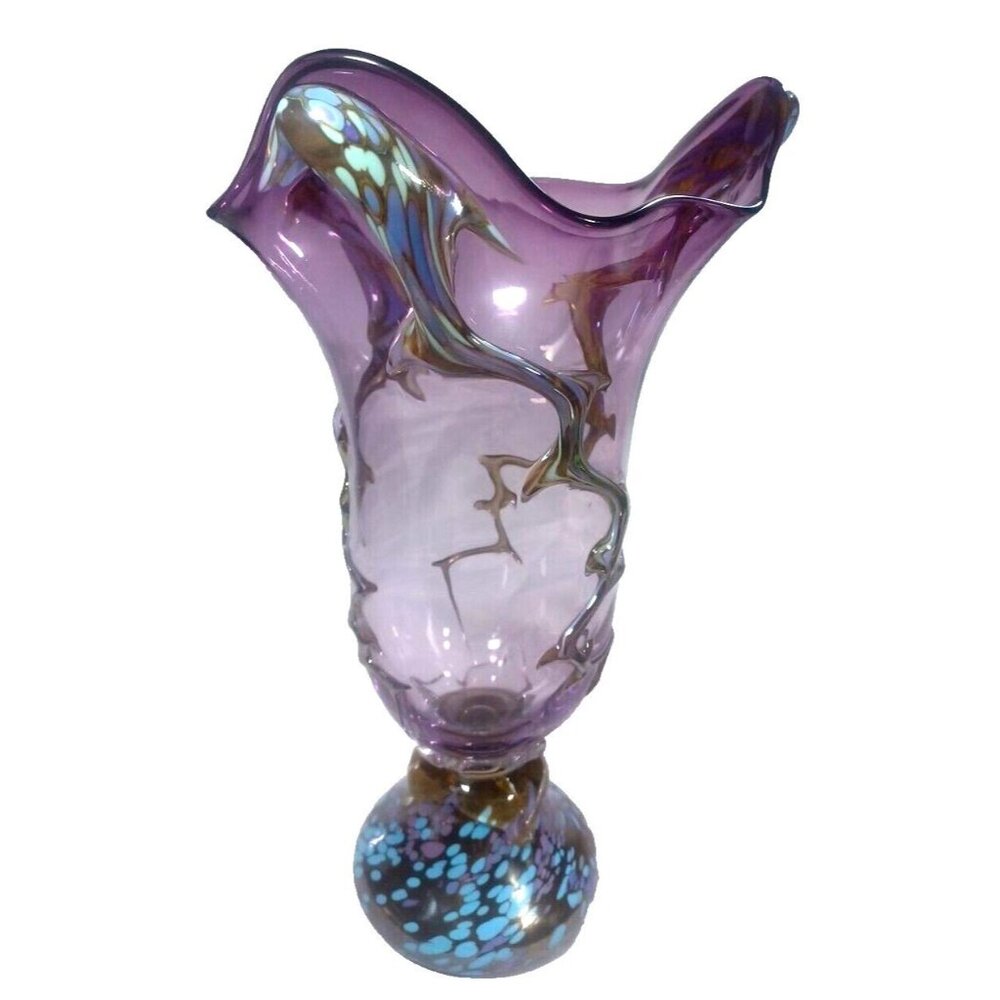 Unique 13 X 7.5  Purple Art Deco Murano Vines Confetti Centerpiece Vase Vintage - Picture 6 of 16